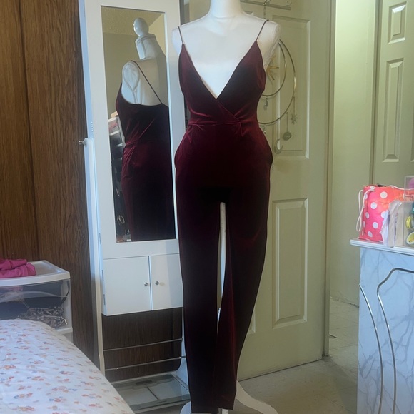 JLUXLABEL Deep Red Velvet Jumpsuit - Picture 1 of 13